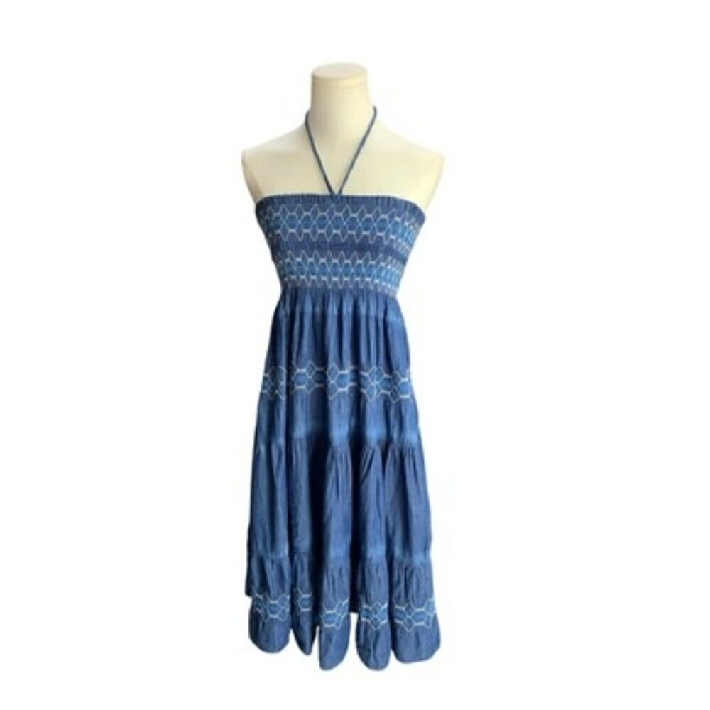 Lapis Blue Halter Strapless Smocked Dress S